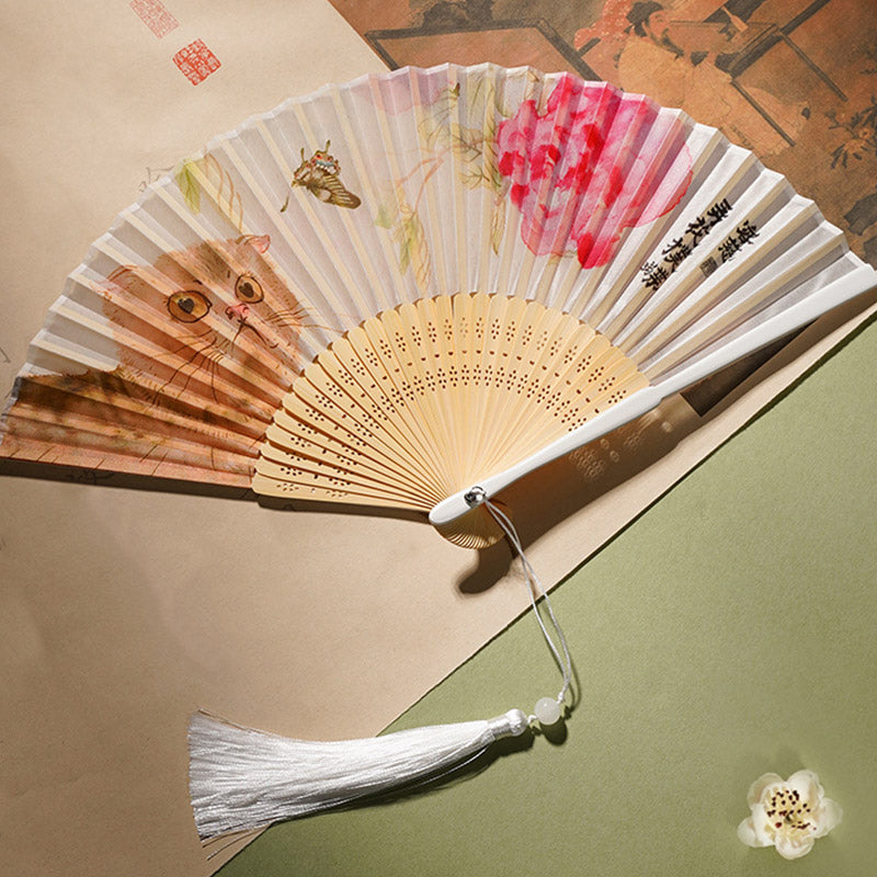 Silk Bamboo Folding Fan 21cm with Cat Butterfly Flowers Pattern