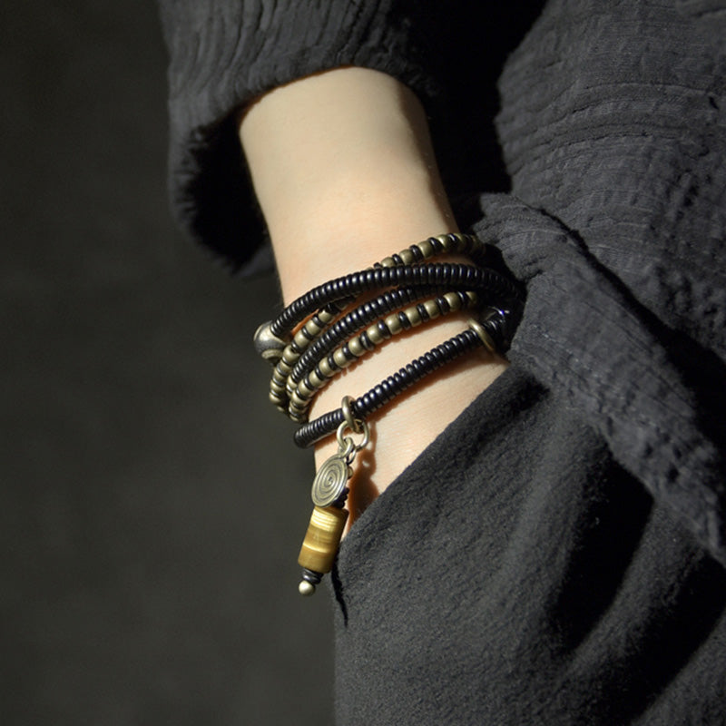 Ebony Wood Dzi Bead Copper Peace Bracelet for Meditation