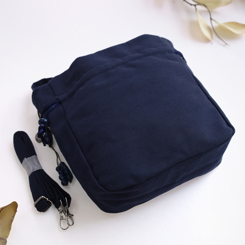 Einkaufstasche aus Baumwollleinen mit Schmetterlings- und Lotusstickerei, 20 cm