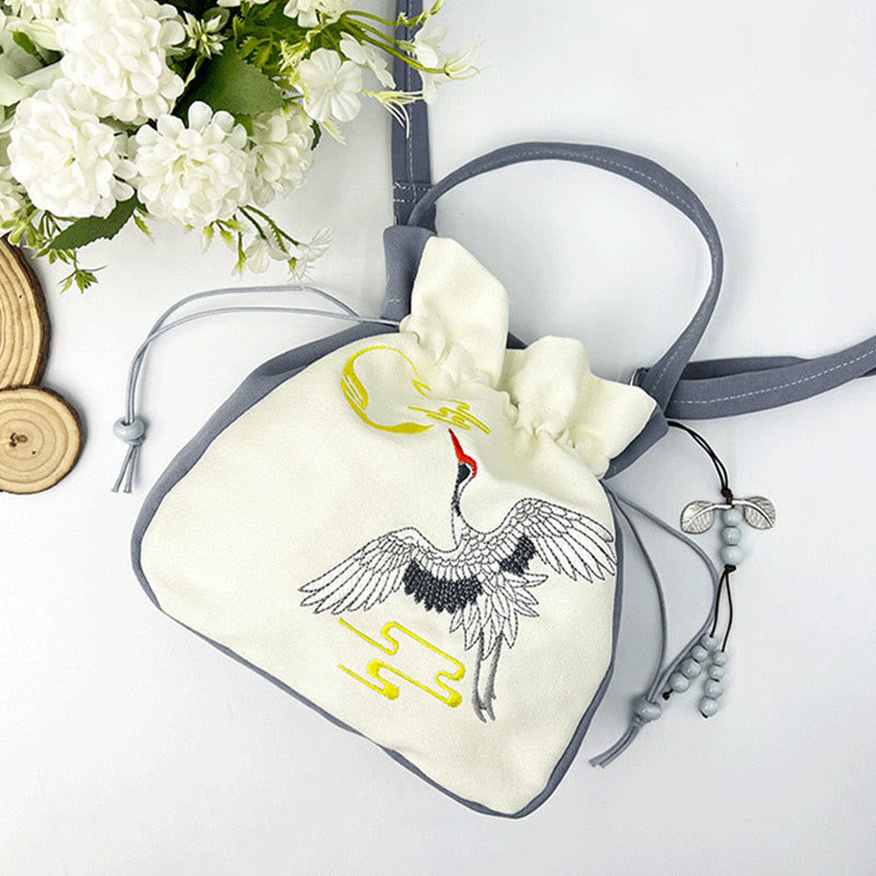 Einkaufstasche aus Baumwollleinen mit Schmetterlings- und Lotusstickerei, 20 cm