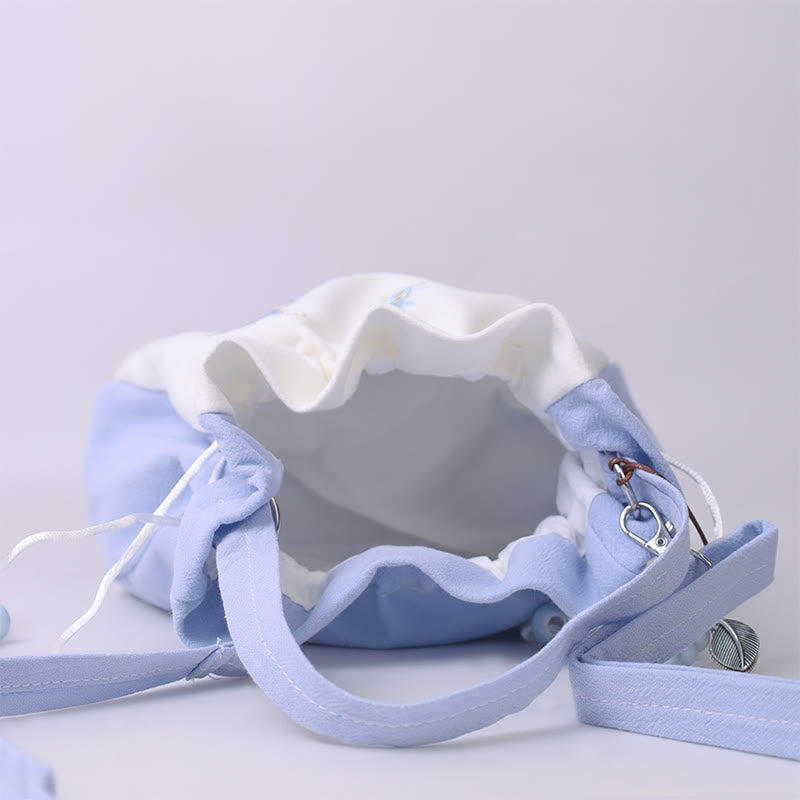 Einkaufstasche aus Baumwollleinen mit Schmetterlings- und Lotusstickerei, 20 cm