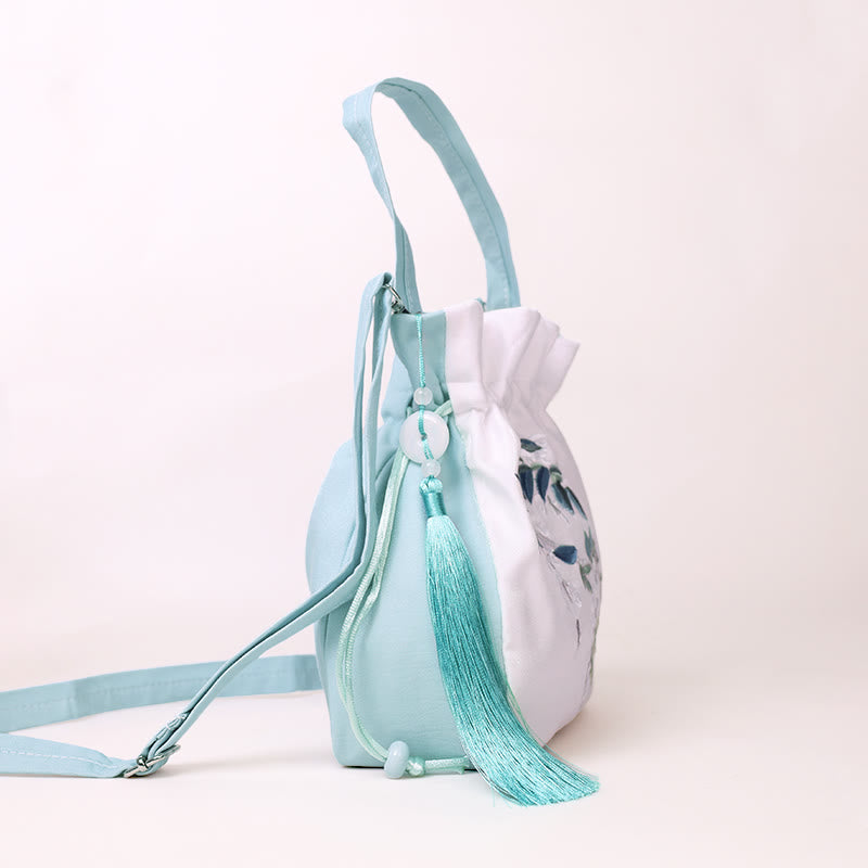 Bestickte Einkaufstasche aus Baumwollleinen mit Glyzinienblüten