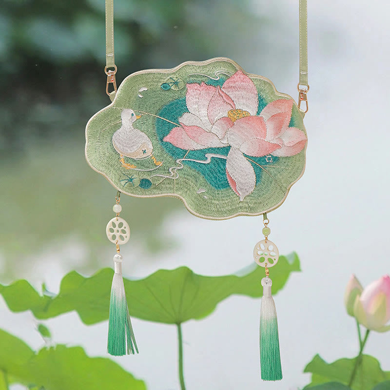 Bestickte Lotus Koi Fisch Kaninchen Hanfu Umhängetasche