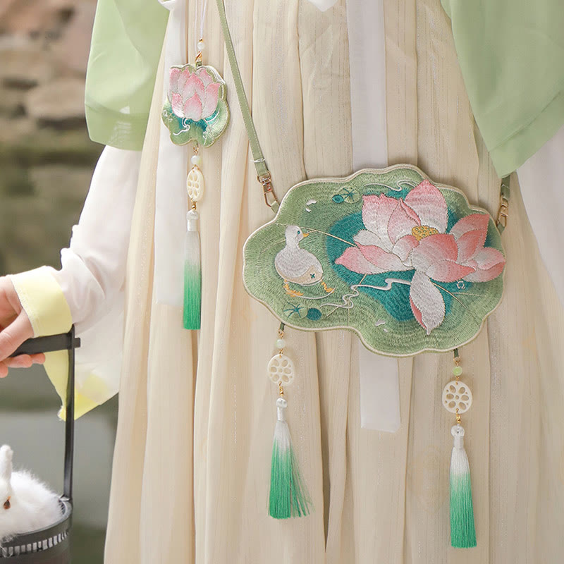 Bestickte Lotus Koi Fisch Kaninchen Hanfu Umhängetasche