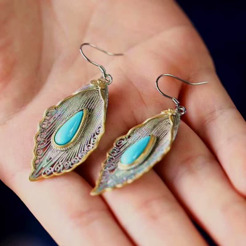 925 Sterling Silver Turquoise Bodhi Leaf Protection Drop Earrings