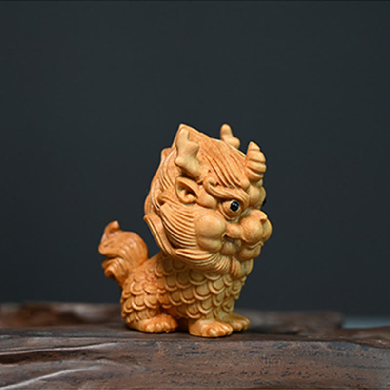 Feng Shui Kirin Boxwood Wood Engraving Spiritual Statue