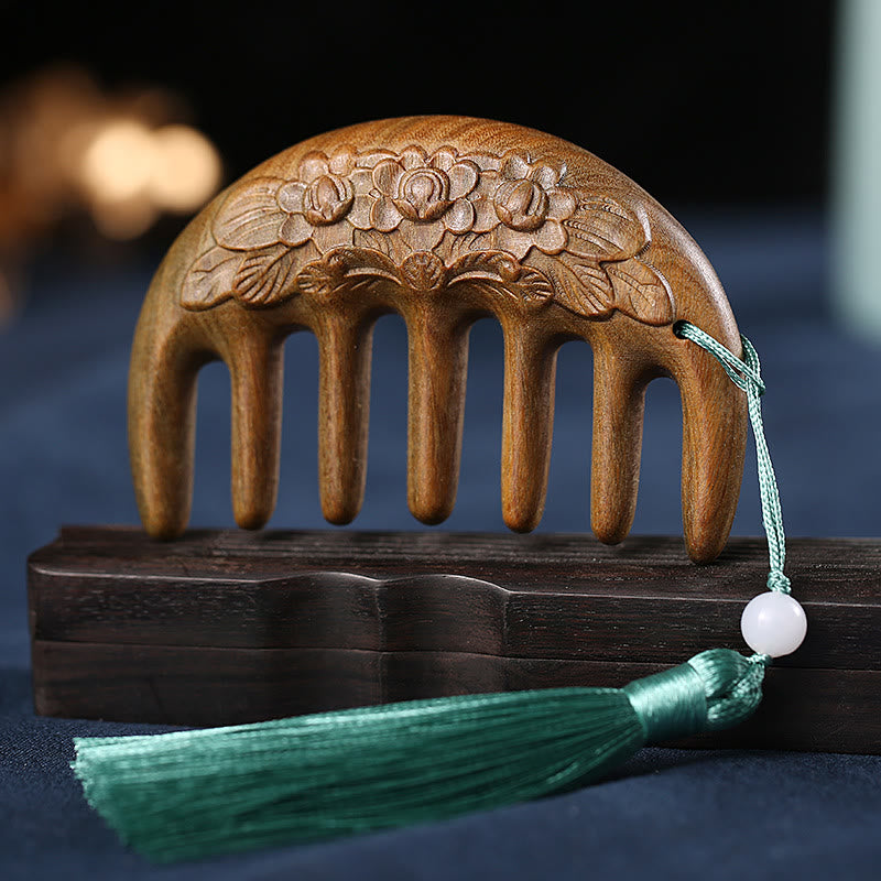 Green Sandalwood Tassel Comb with Lotus & Koi Fish Symbols