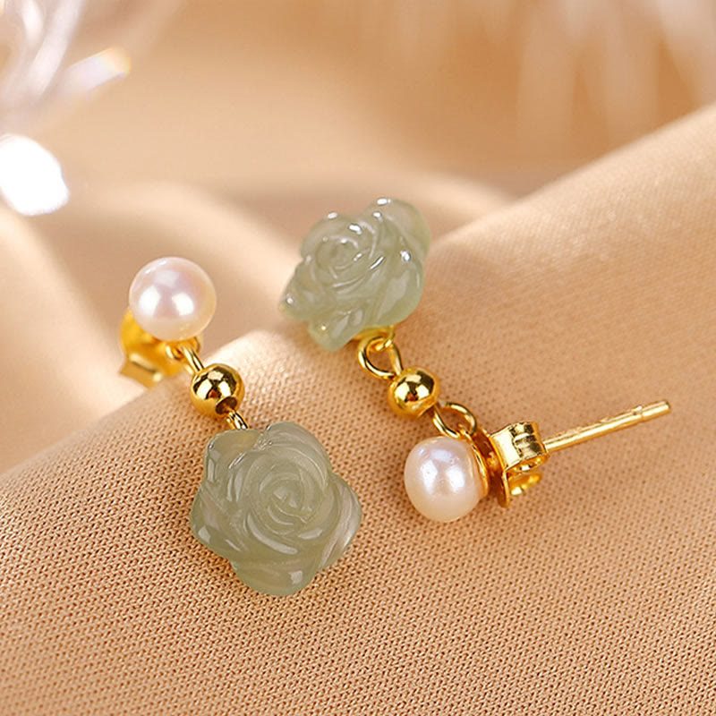 Gold Plated 925 Silver Jade Rose Flower Luck Earrings