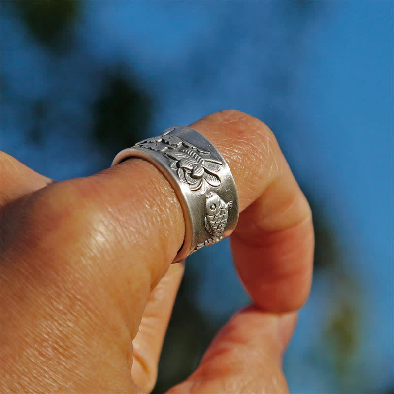 Sterling Silver Koi Fish Luck Ring 12mm Adjustable
