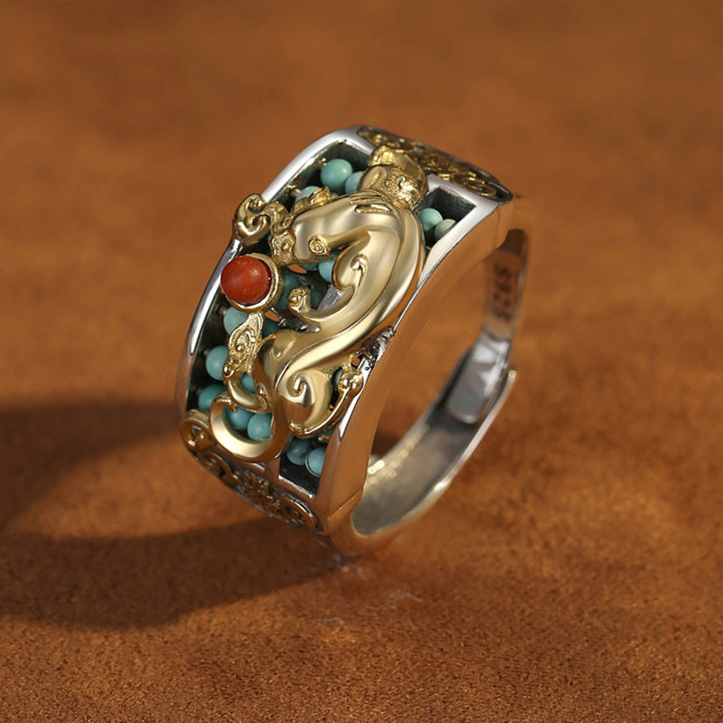 925 Sterling Silver Turquoise Red Agate PiXiu Protection Ring