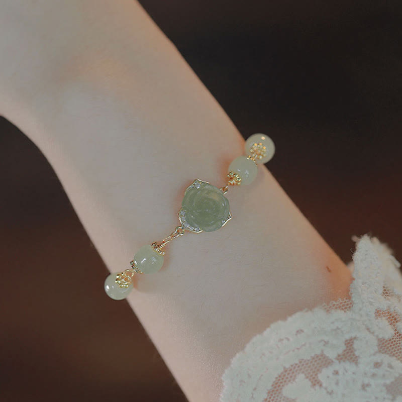 14K Gold Plated Hetian Jade Rose Flower Luck Bracelet