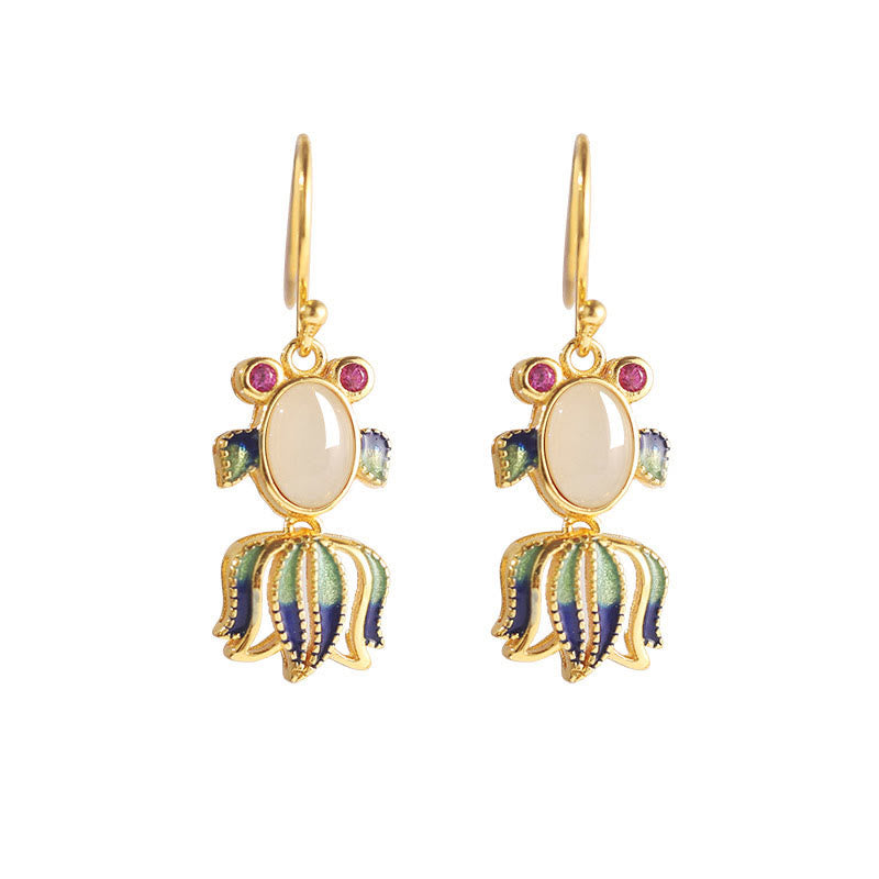 Silver Hetian White Jade Red Agate Fish Drop Earrings
