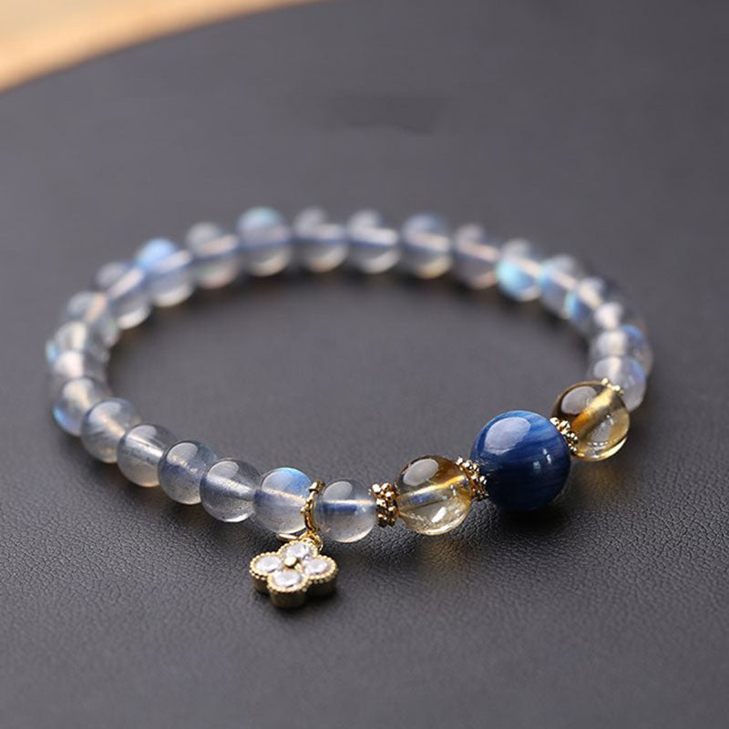 Moonstone Flower Charm Healing Bracelet 6-7mm Beads