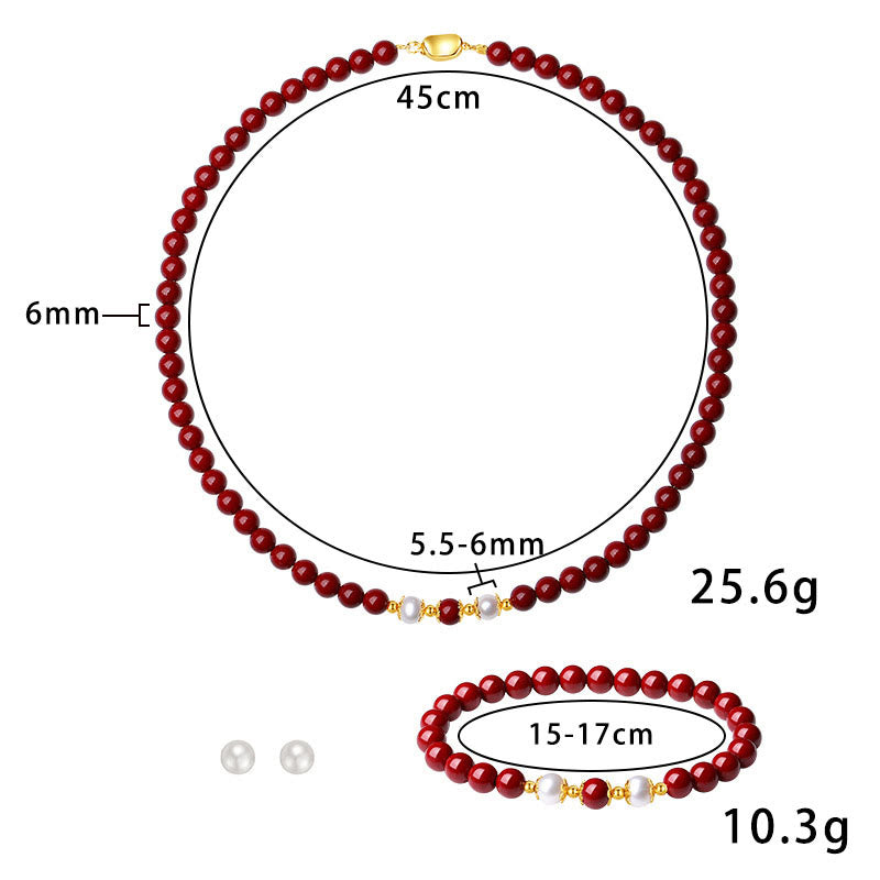 Cinnabar Pearl Blessing Jewelry Set in 925 Sterling Silver