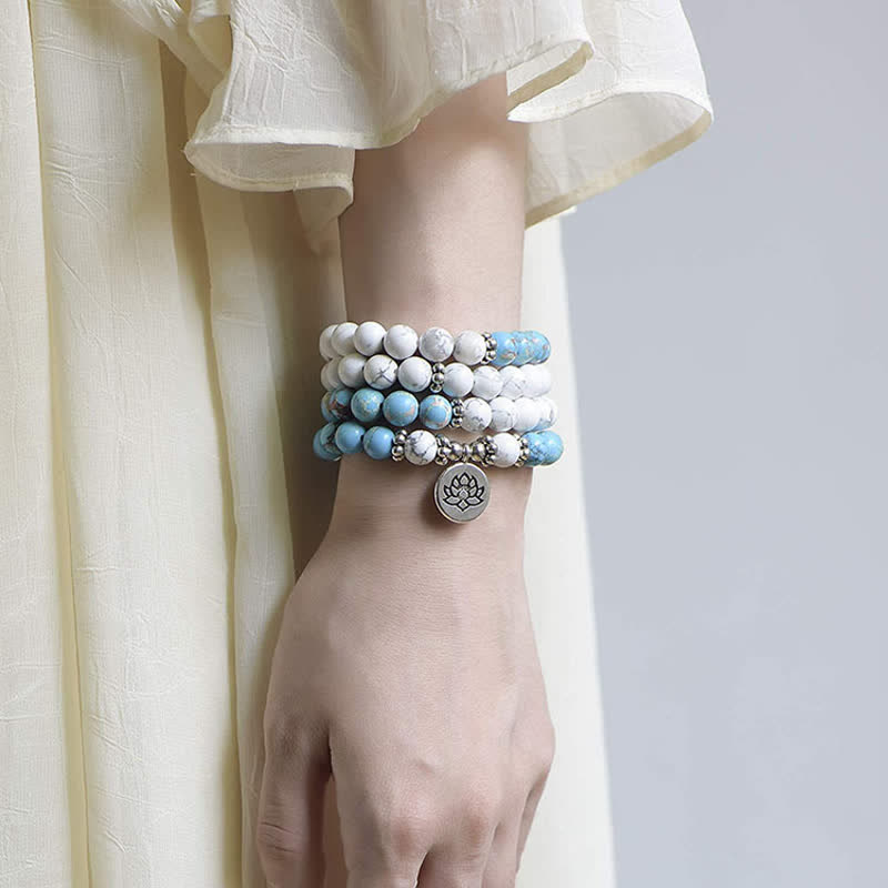 108 Beads White Turquoise Empe Stone Lotus Blessing Bracelet