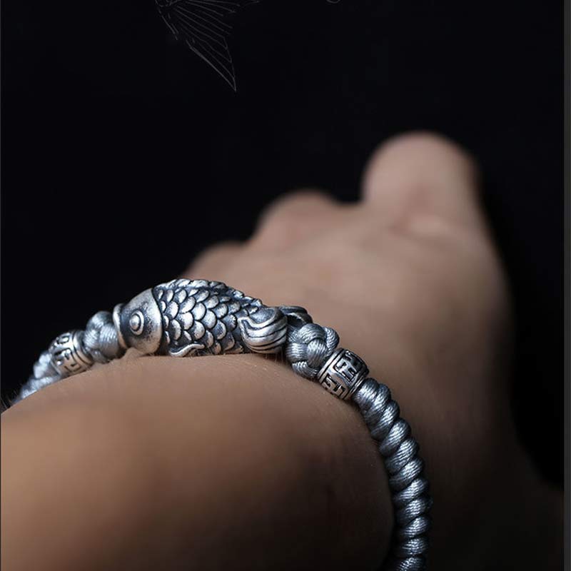 Sterling Silver Koi Fish Bracelet with Red Braided String