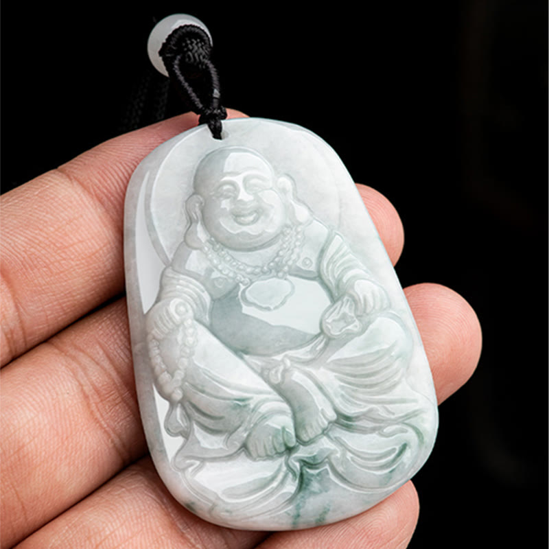 Halskette mit Anhänger „Laughing Buddha“ aus natürlicher Jade, 65 cm