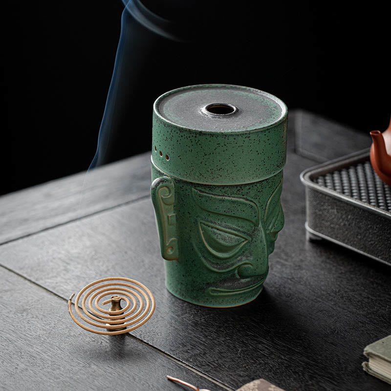 Sanxingdui Ceramic Incense Burner Inspired by Bronze Age Mask Meditation