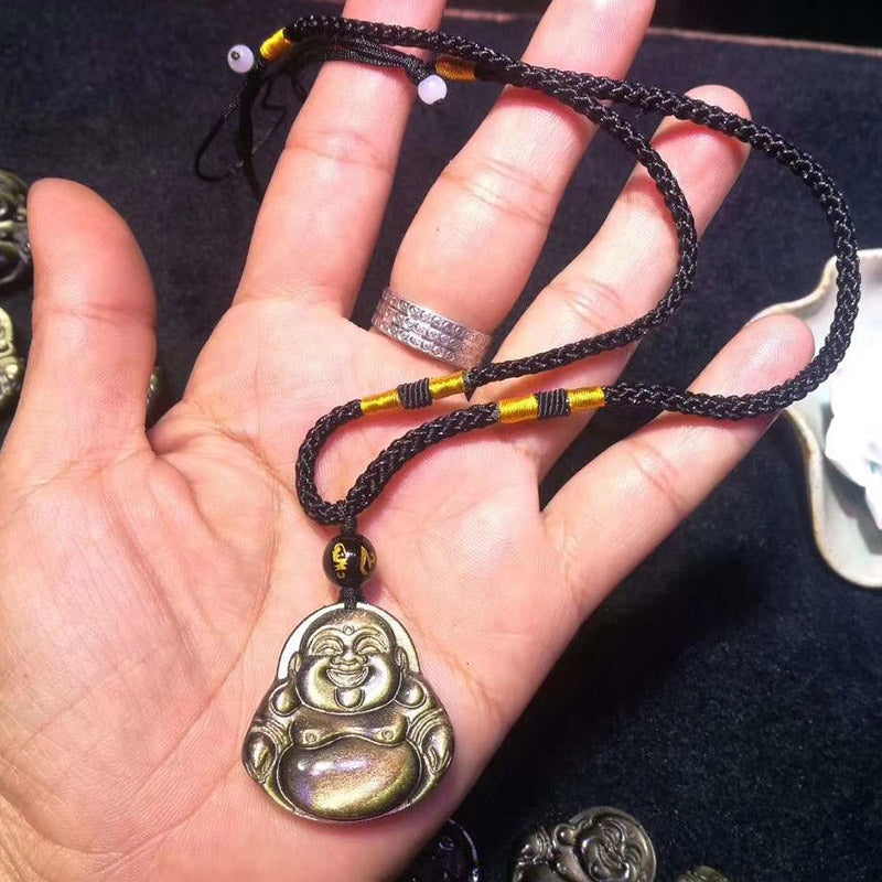 Gold Sheen Obsidian Laughing Buddha Wealth Necklace Pendant