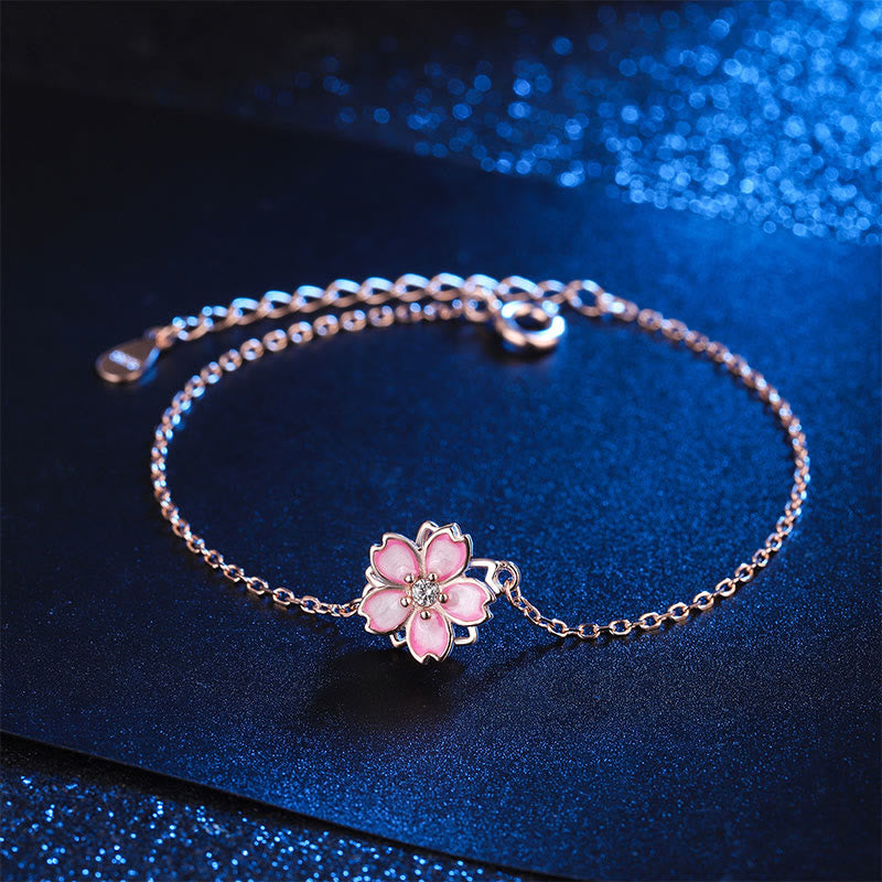 925 Sterling Silver Cherry Blossom Blessing Chain Bracelet with Rotatable Ring