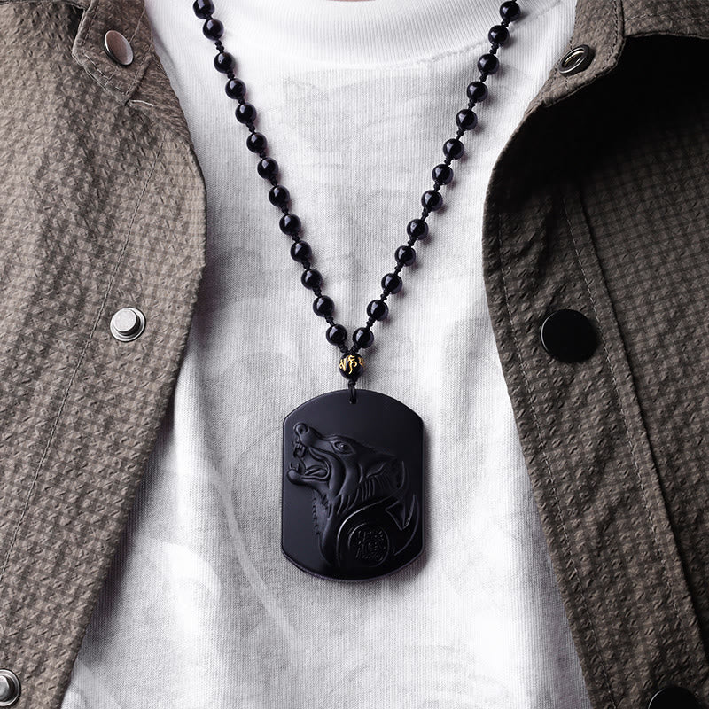 Black Obsidian Wolf Purification Pendant Necklace