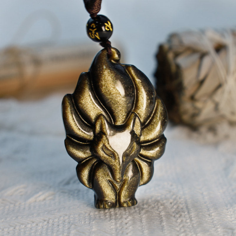 Natural Rainbow Obsidian Nine Tailed Fox Pendant