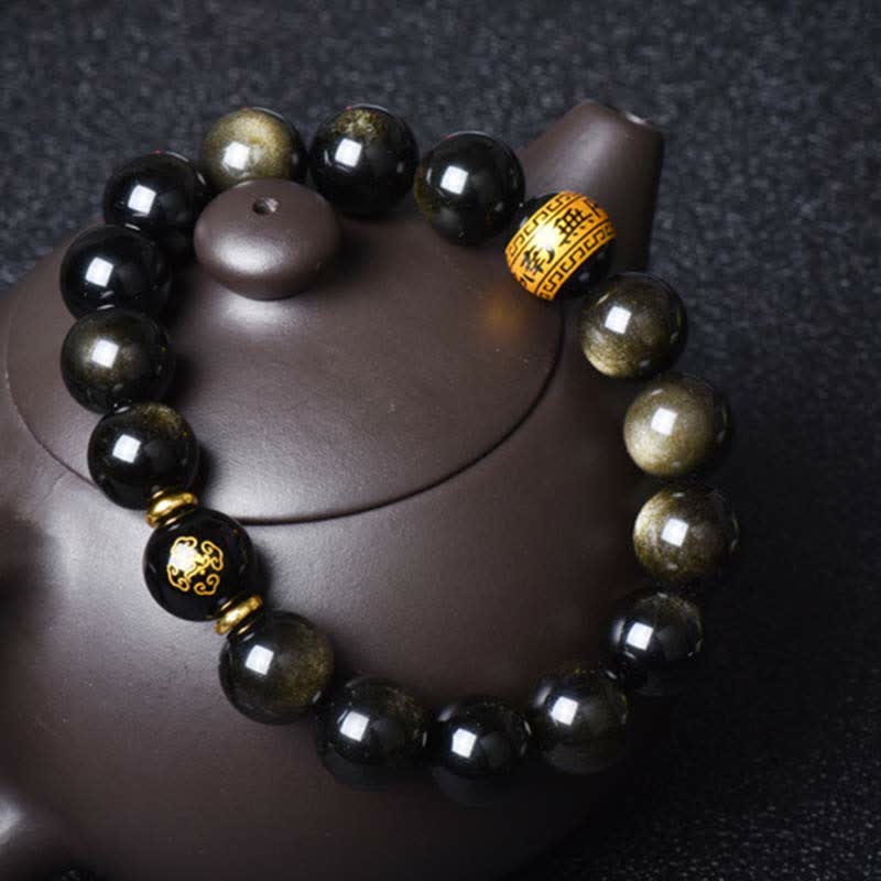 Goldglänzendes Obsidian-Schutzarmband mit chinesischem Sternzeichen, 12 mm