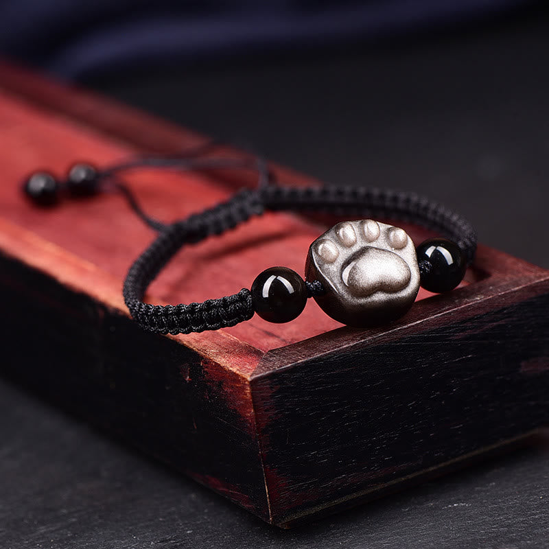 Protection Obsidian Bracelet | Silver & Gold Sheen Cat Paw Rope