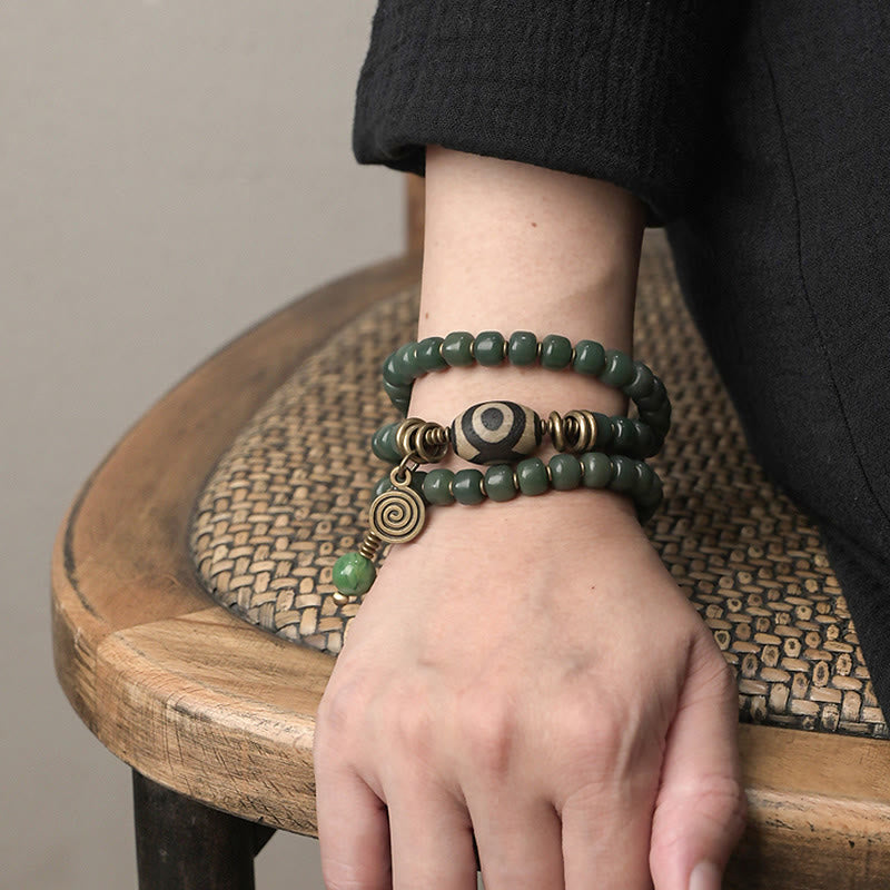 Unisex Cyan Bodhi Seed Dzi Bead Triple Wrap Bracelet