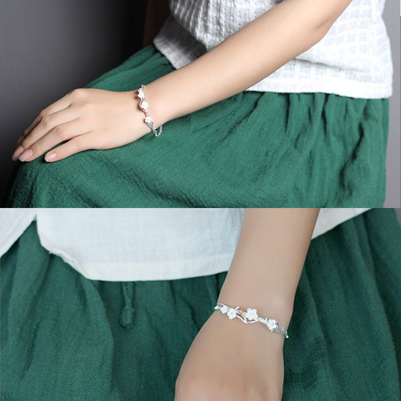 Sterling Silver Plum Flower Blessing Adjustable Spiritual Bracelet