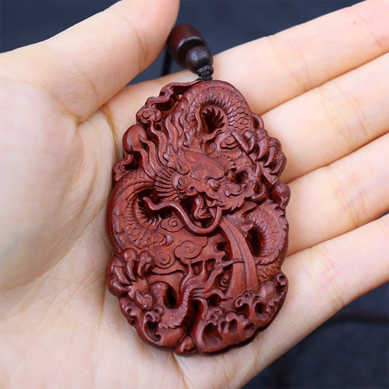 Lightning Struck Jujube Wood Double Dragon Protection Pendant