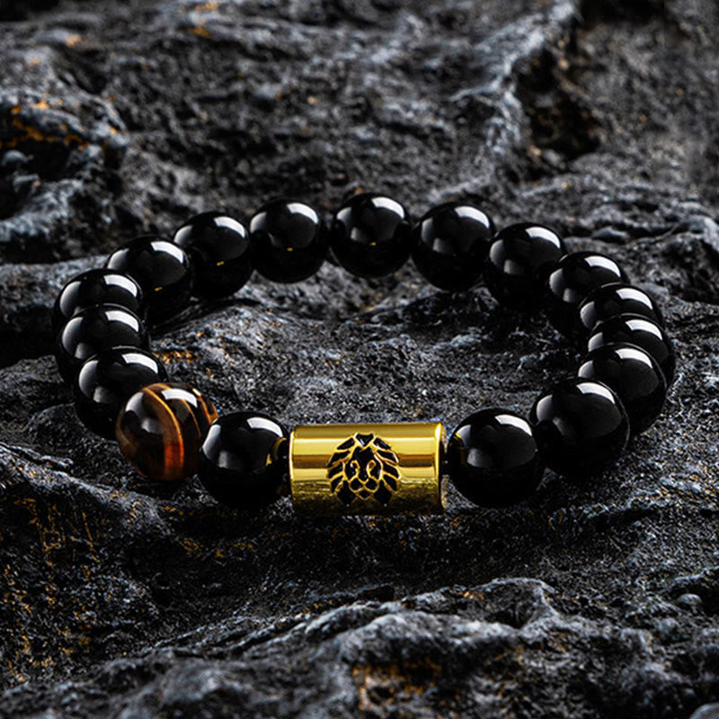 Black Onyx Tiger Eye Protection Bracelet with Lion Bead