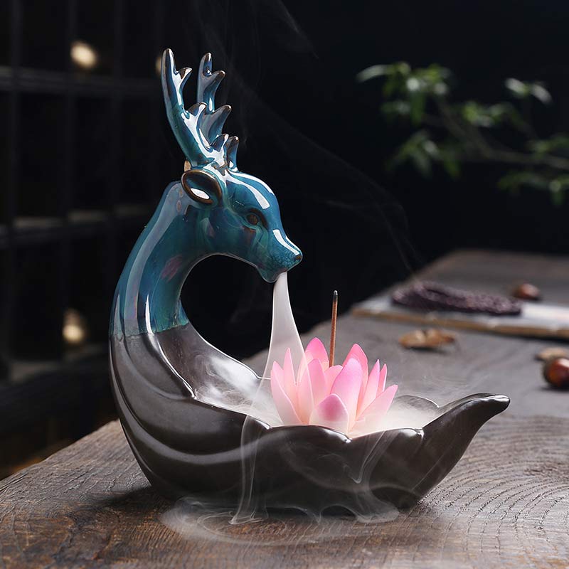 Ceramic Lotus Backflow Incense Burner with Deer 18cm