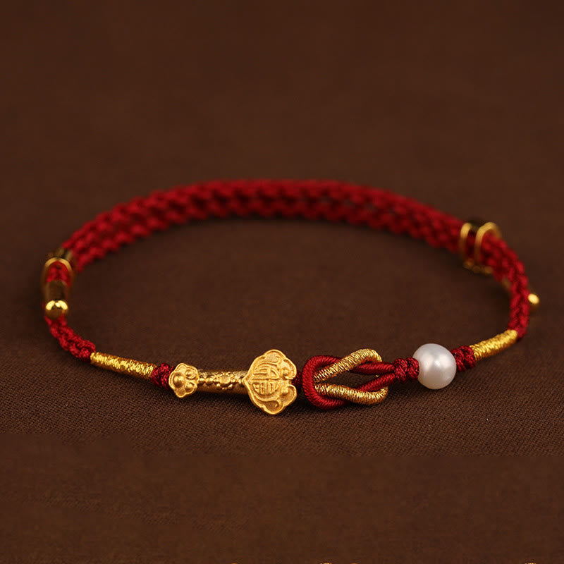 24K Gold Red String Wish Ruyi Fu Bracelet for Luck