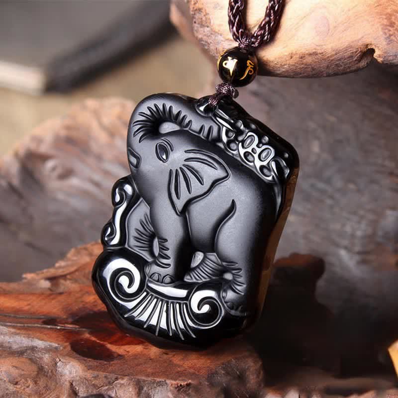 Black Obsidian Elephant Necklace for Protection & Strength