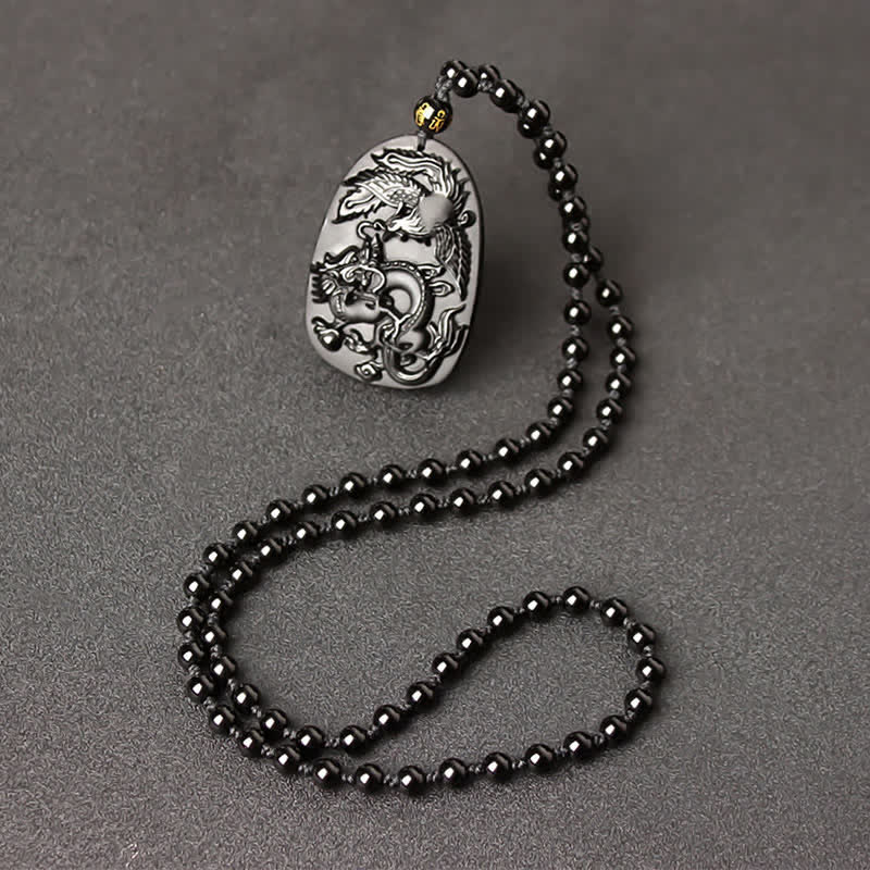Black Obsidian Dragon Necklace with Tiger Eye Pendant for Protection