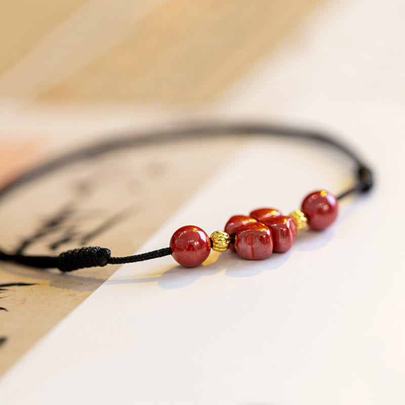 Cinnabar String Bracelet with Four Leaf Clover for Calm & Blessing