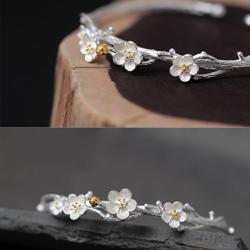 Sterling Silver Plum Flower Blessing Adjustable Spiritual Bracelet