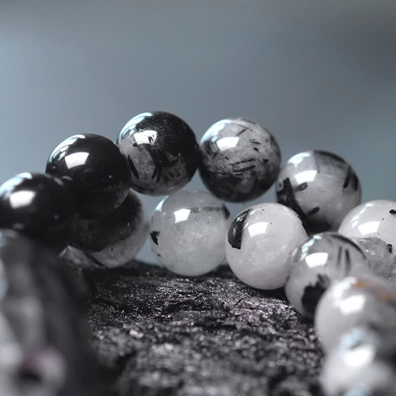 Schwarzer Rutilquarz Klarquarz Paar Armband 8mm