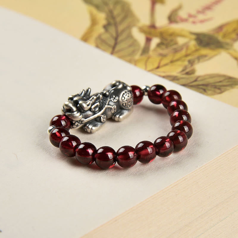 925 Sterling Silver Garnet PiXiu Wealth Ring for Protection