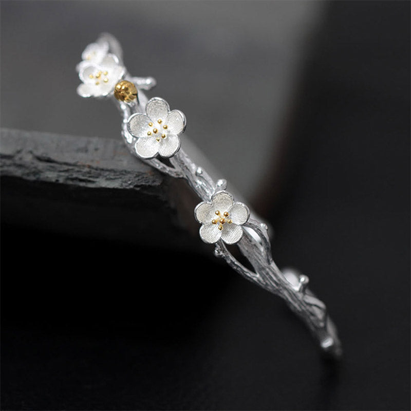 Sterling Silver Plum Flower Blessing Adjustable Spiritual Bracelet