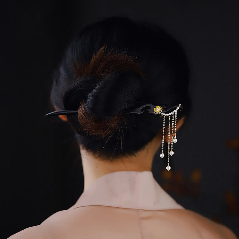 Ebony Wood Chinese Hairpin with Yellow Pearl Tassels