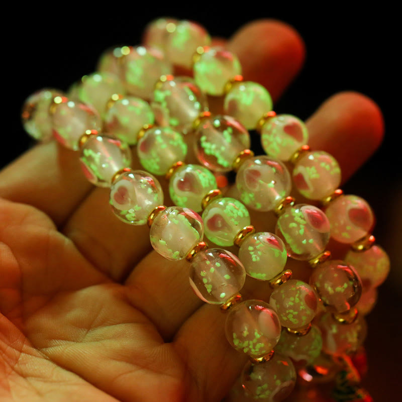 Luminous Pink Love Heart Spiritual Bracelet with Gold Swallowing Beast