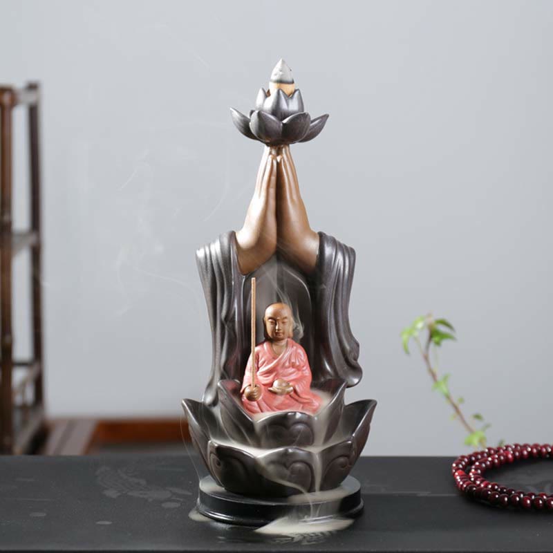 Ceramic Lotus Blessing Backflow Incense Burner with Buddha Deities
