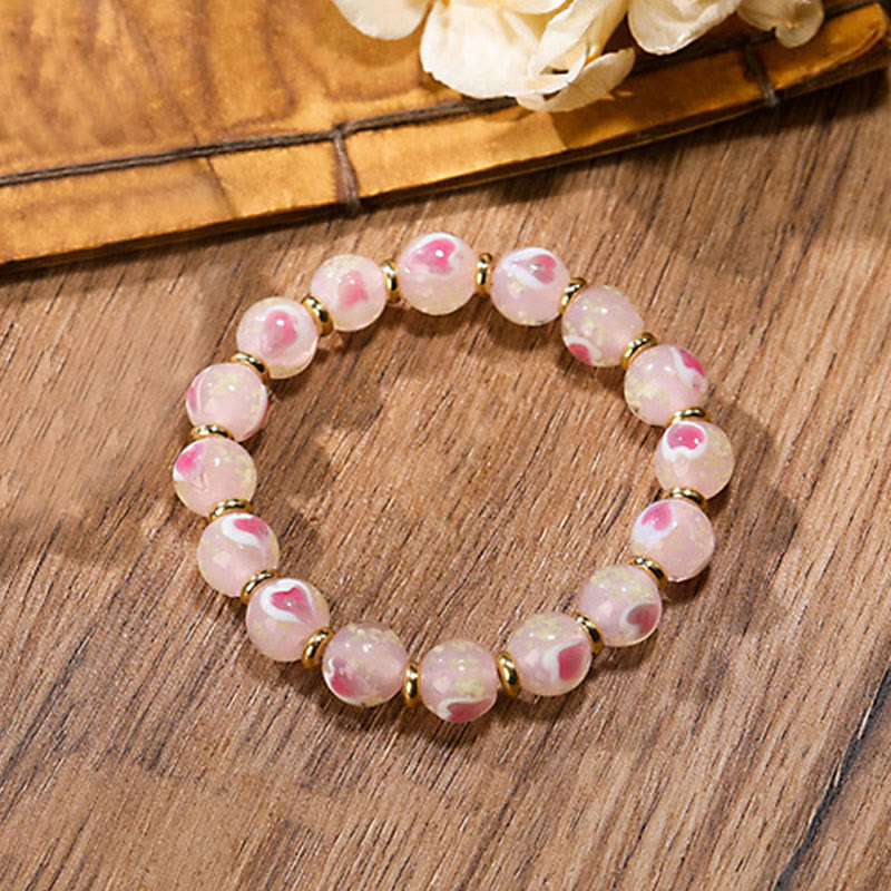 Luminous Pink Love Heart Spiritual Bracelet with Gold Swallowing Beast