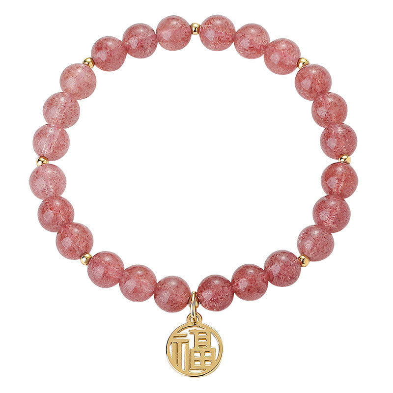 Strawberry Quartz Fu Character Healing Charm Bracelet