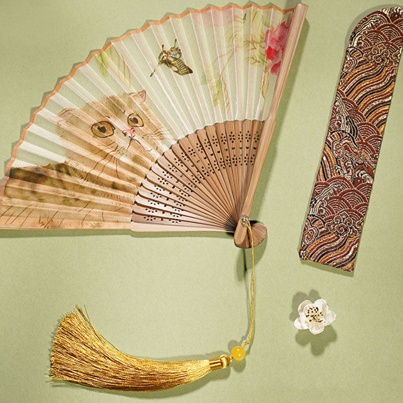 Silk Bamboo Folding Fan 21cm with Cat Butterfly Flowers Pattern