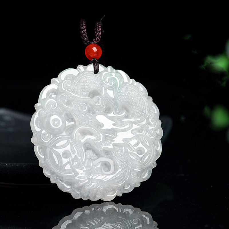 White Jade Dragon Necklace 49mm Protection Pendant