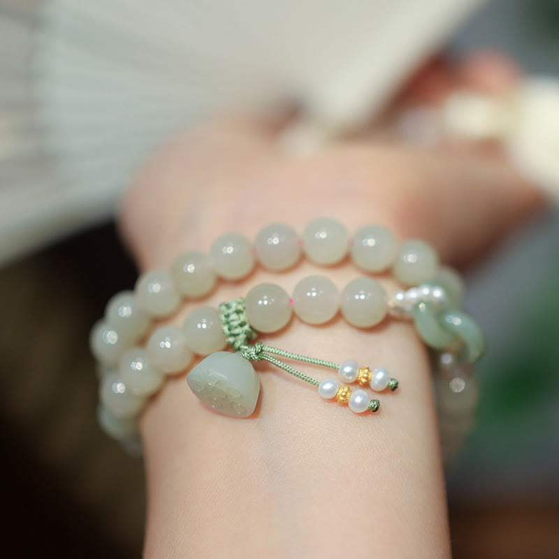 8mm Hetian Jade Lotus Bracelet Double Wrap for Abundance
