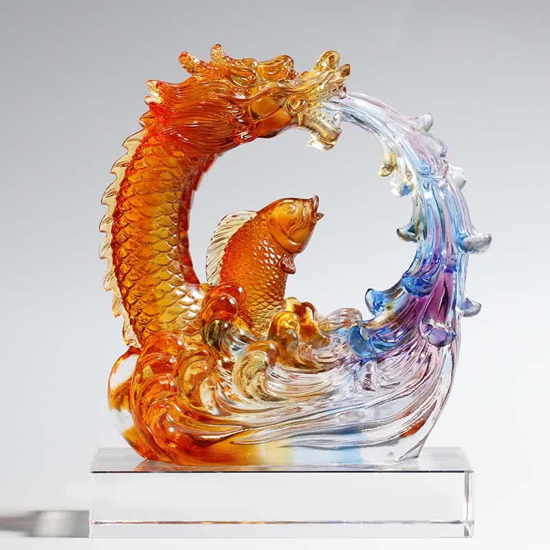 Handmade Feng Shui Liuli Dragon Koi Fish Crystal Art